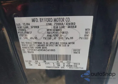 2005 Ford F-150 Fx4/Lariat/Xlt из США, поврежденный, VIN 1FTPW14595KC61003